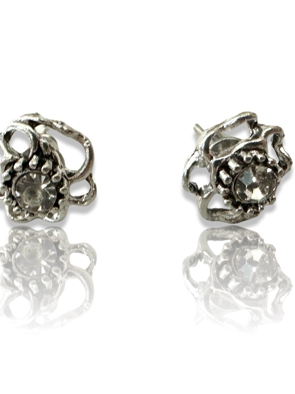 (3 for $25) Vintage Silver Floral Crystal Stud Earrings - Vintage